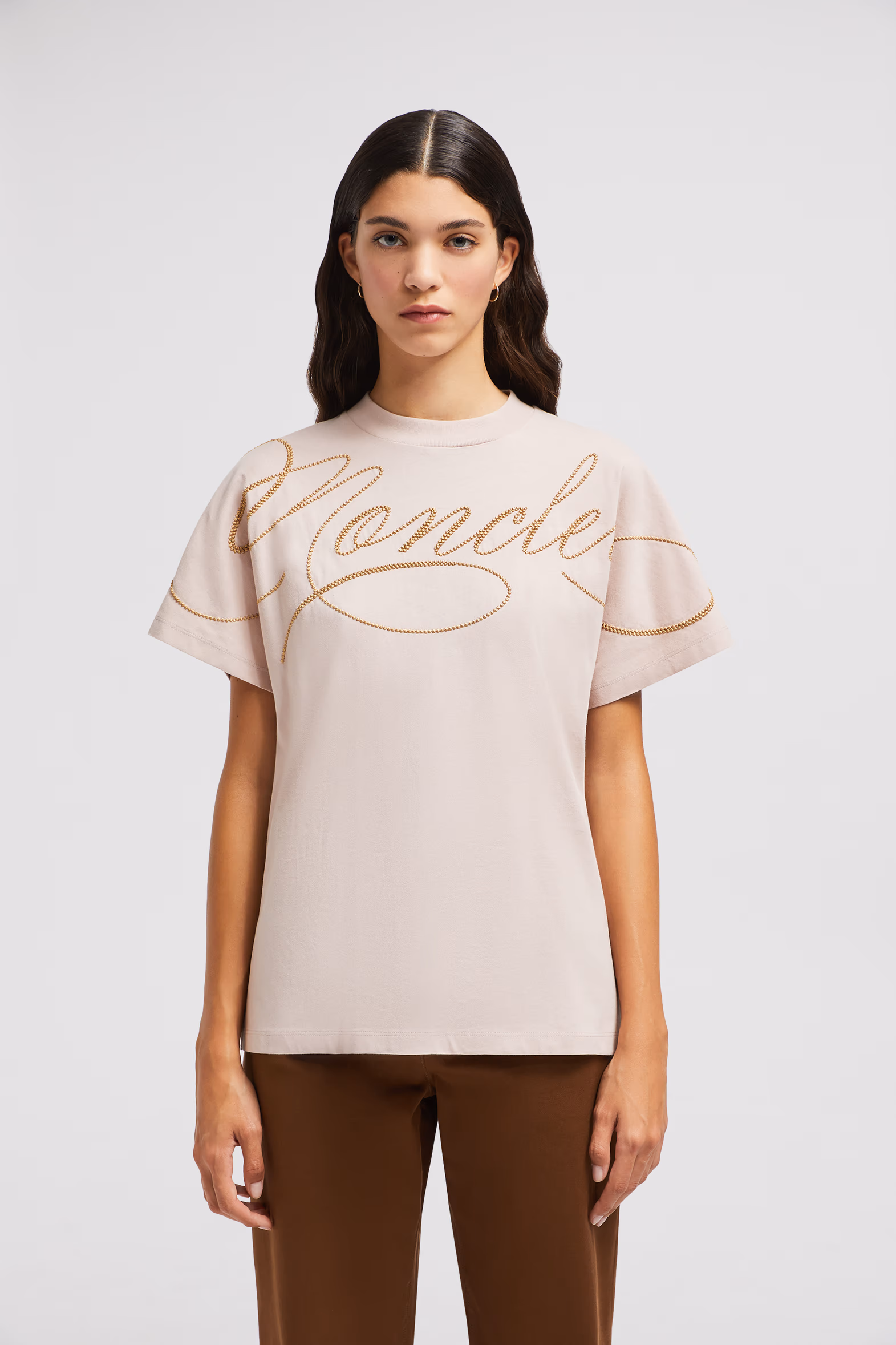 Embroidered Cursive Logo Cotton T-Shirt Women Rose Pink Moncler 3